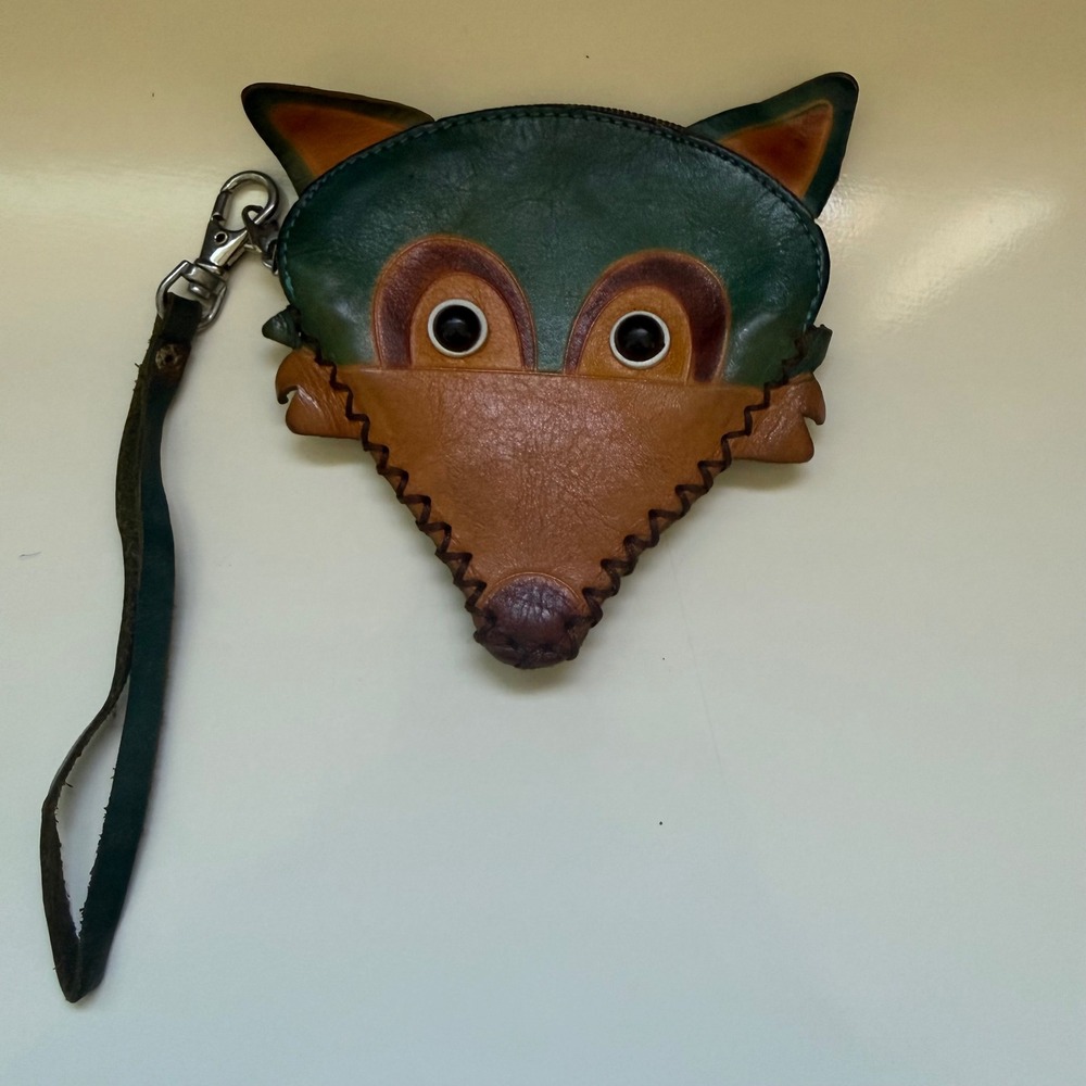 Unbranded Fox Coin Purse Unisex Small Green Tan Leather Excellent Wristlet Pouch